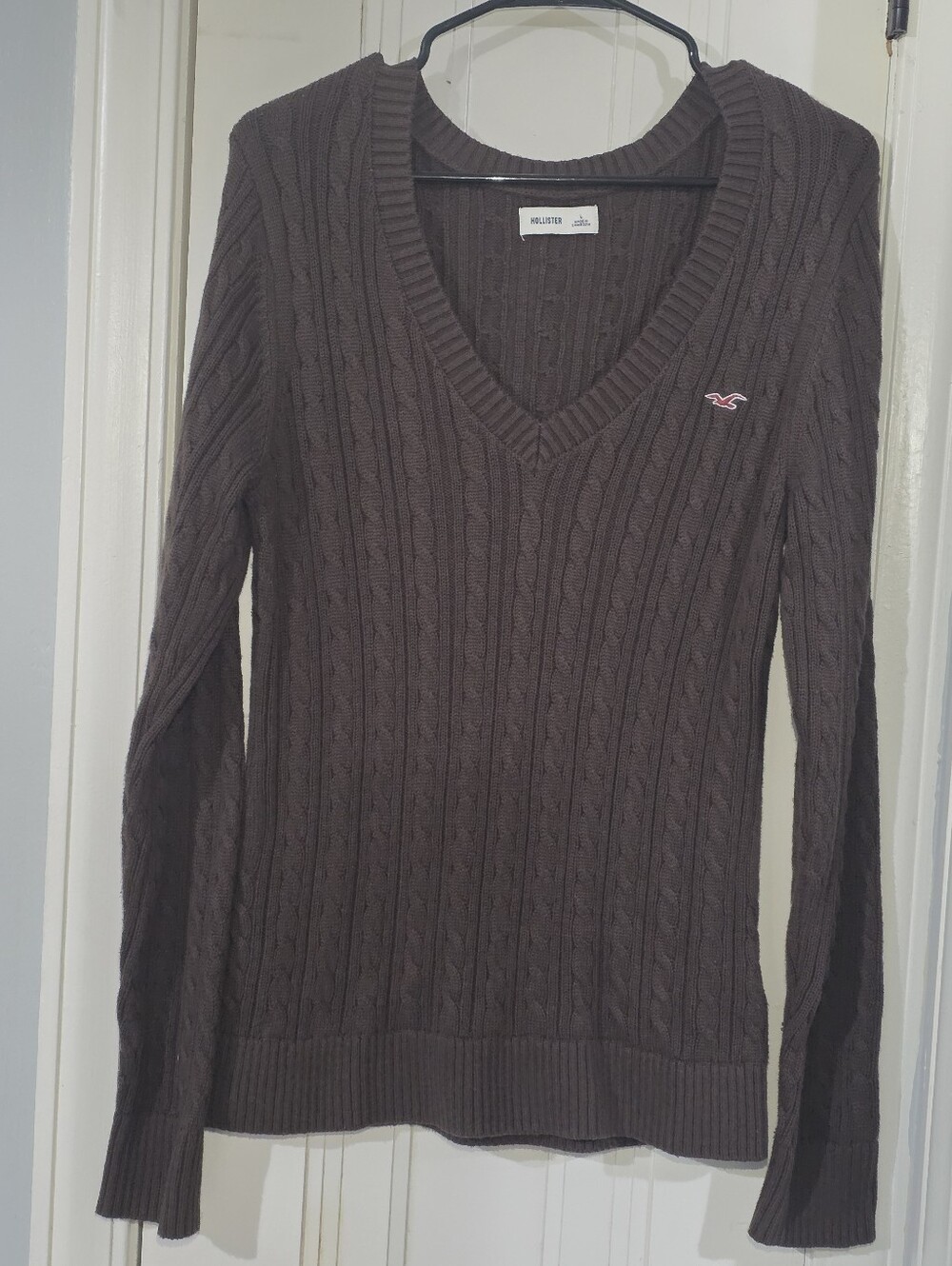 Hollister Co Women Ivy Cable-Knit V-Neck Sweater Size Large Brown NWOT Fall Long
